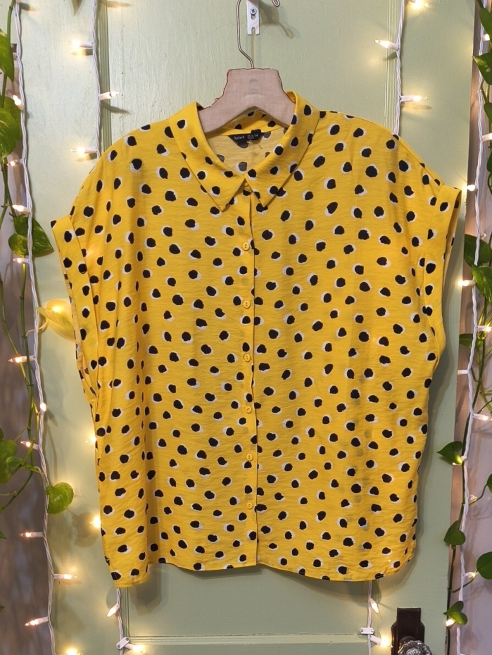 Women's Splash Yellow Black Polka Dot Oversized Crop Button Up Top XL